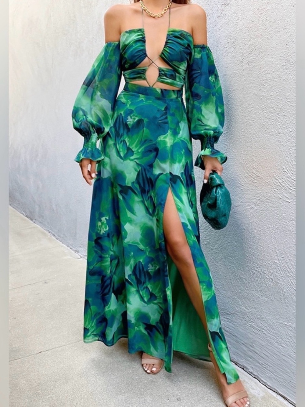 RUNAWAY the Label Karma Green Floral Miltiway Maxi Dress with Side Slit